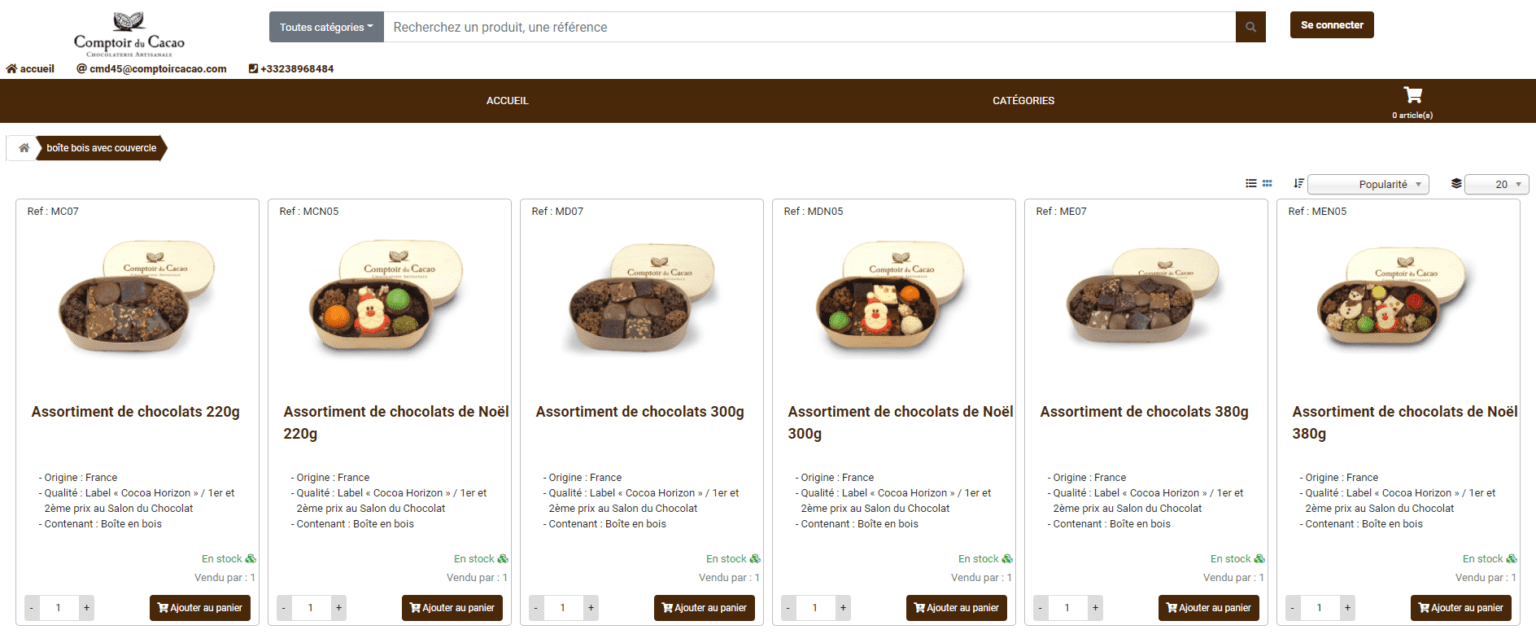 Aperçu de la page de collection du site Comptoir Cacao