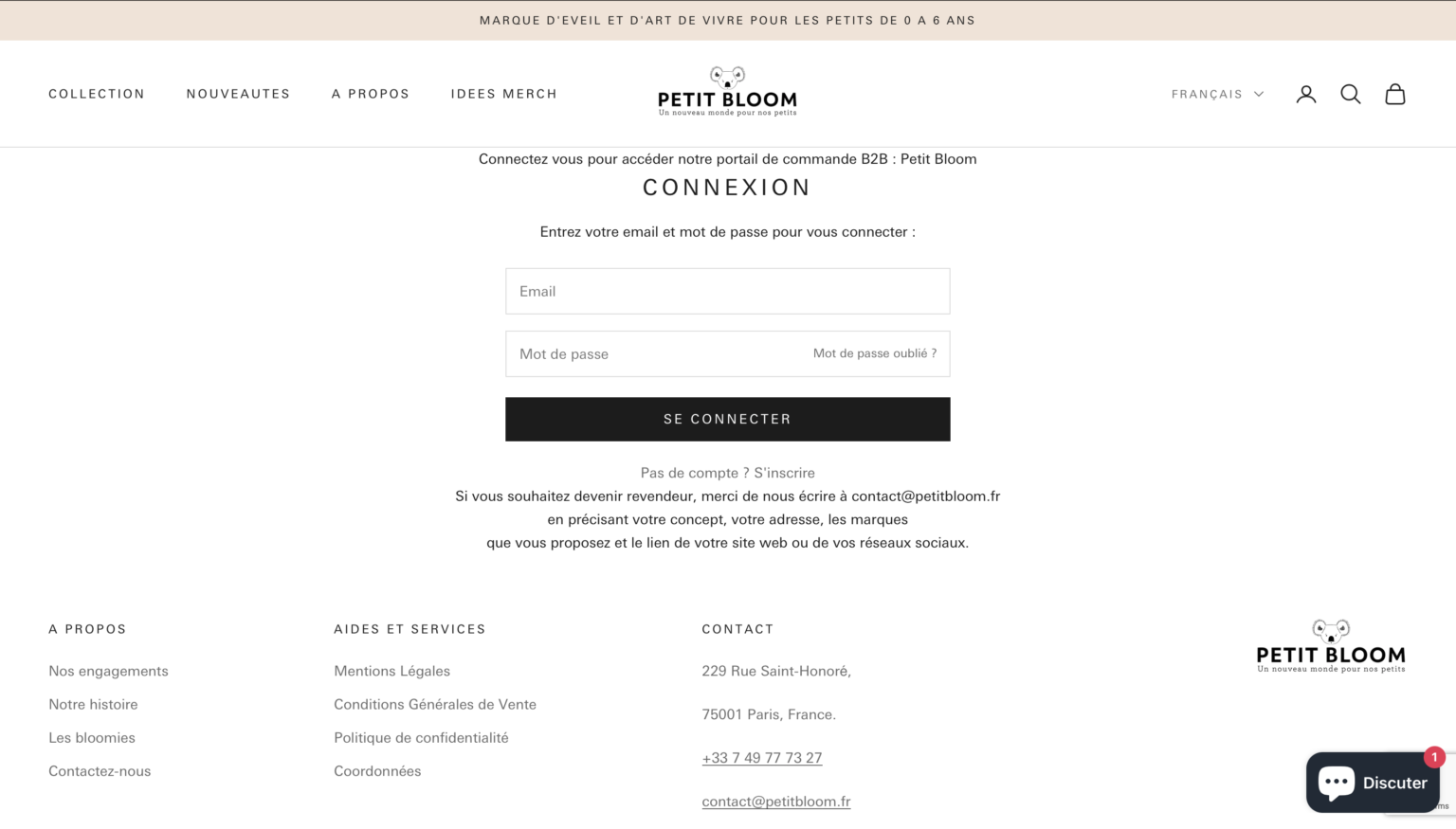 Aperçu de la page de connexion du site Shopify de Petit Bloom